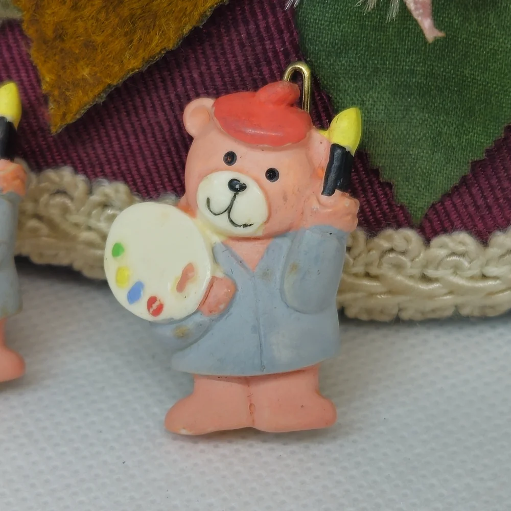 2 Vintage Pink Painter Artist Bear Hair Barrettes Tready Bear Hair Clips
